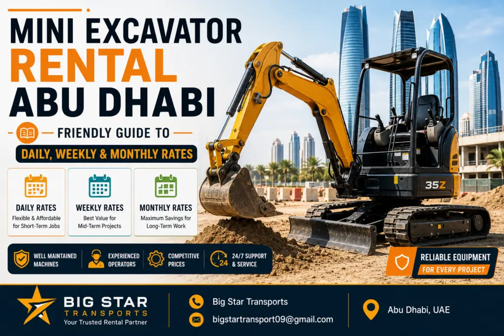 Mini Excavator Rental Abu Dhabi – Friendly Guide to Daily, Weekly & Monthly Rates